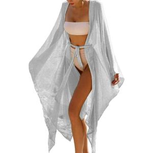 imageBsubseach Women Sparkly Kimono Swimsuit Cover Up Open Front Sheer Loose Long Cardigan Beach Cover UpsSilver White