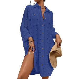 imageBsubseach Women Swimsuit Coverup Blouse Button Down Shirt Dresses Swiss Dot TopsDark Blue