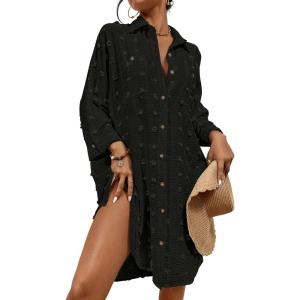 imageBsubseach Women Swimsuit Coverup Blouse Button Down Shirt Dresses Swiss Dot TopsJblack