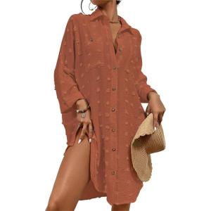 imageBsubseach Women Swimsuit Coverup Blouse Button Down Shirt Dresses Swiss Dot TopsJbrick Red