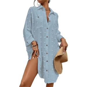 imageBsubseach Women Swimsuit Coverup Blouse Button Down Shirt Dresses Swiss Dot TopsJlight Blue