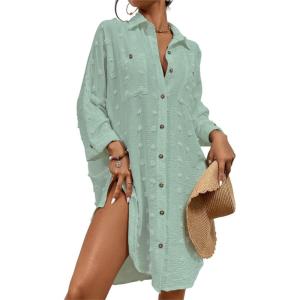 imageBsubseach Women Swimsuit Coverup Blouse Button Down Shirt Dresses Swiss Dot TopsJmint Green
