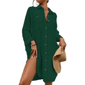 imageBsubseach Women Swimsuit Coverup Blouse Button Down Shirt Dresses Swiss Dot TopsPeacock Green