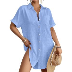 imageBsubseach Women Swimsuit Coverup Shirt Dress Button Down Bathing Suit Cover Up BeachwearLight Blue