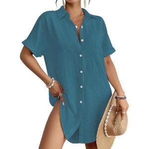imageBsubseach Women Swimsuit Coverup Shirt Dress Button Down Bathing Suit Cover Up BeachwearPeacock Blue