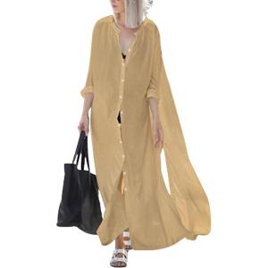 imageBsubseach Womens Kimono Swimsuit Coverup Beach Dress Lightweight Long Sleeve Bikini Cardigan Button Front Side Slit Cover UpKhaki