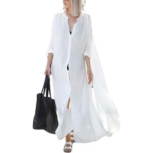 imageBsubseach Womens Kimono Swimsuit Coverup Beach Dress Lightweight Long Sleeve Bikini Cardigan Button Front Side Slit Cover UpWhite