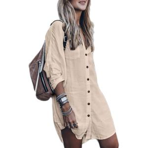 imageBsubseach Womens Long Sleeve Linen Swimsuit Cover Up Button Down Beach Cover Ups Summer Swim Shirt DressesApricot