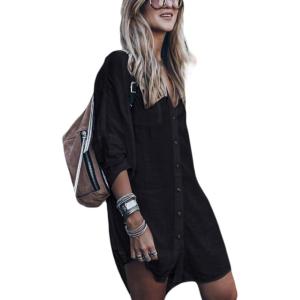 imageBsubseach Womens Long Sleeve Linen Swimsuit Cover Up Button Down Beach Cover Ups Summer Swim Shirt DressesBlack