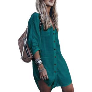imageBsubseach Womens Long Sleeve Linen Swimsuit Cover Up Button Down Beach Cover Ups Summer Swim Shirt DressesPeacock Blue