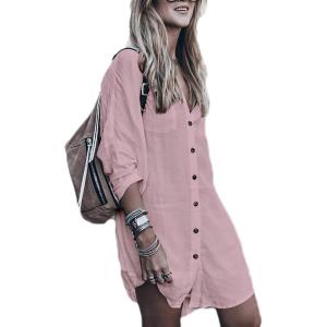 imageBsubseach Womens Long Sleeve Linen Swimsuit Cover Up Button Down Beach Cover Ups Summer Swim Shirt DressesPink