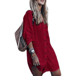 imageBsubseach Womens Long Sleeve Linen Swimsuit Cover Up Button Down Beach Cover Ups Summer Swim Shirt DressesRed