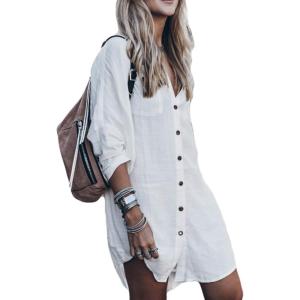 imageBsubseach Womens Long Sleeve Linen Swimsuit Cover Up Button Down Beach Cover Ups Summer Swim Shirt DressesWhite