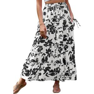 imageBsubseach Womens Maxi Skirts 2025 Summer Boho Elastic High Waist Floral Print Pleated Ruffle Flowy Long Skirt with PocketsPrint Black