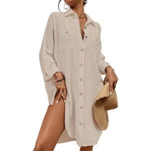 imageBsubseach Womens Modern Swimsuit Cover Up Blouse Button Down Shirt Dresses TopsApricot