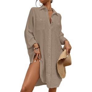 imageBsubseach Womens Modern Swimsuit Cover Up Blouse Button Down Shirt Dresses TopsLight Coffee