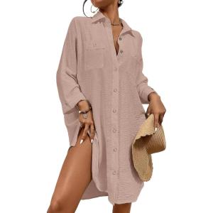 imageBsubseach Womens Modern Swimsuit Cover Up Blouse Button Down Shirt Dresses TopsMuted Pink