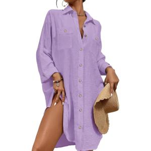 imageBsubseach Womens Modern Swimsuit Cover Up Blouse Button Down Shirt Dresses TopsPurple