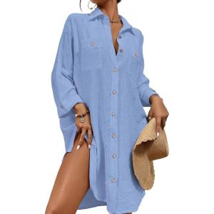 imageBsubseach Womens Modern Swimsuit Cover Up Blouse Button Down Shirt Dresses TopsSky Blue