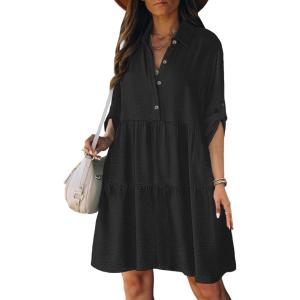 imageBsubseach Womens Summer 2025 Casual Midi Dresses Button Down 34 Sleeve Ruffle Dress Boho Beach Vacation SundressBlack