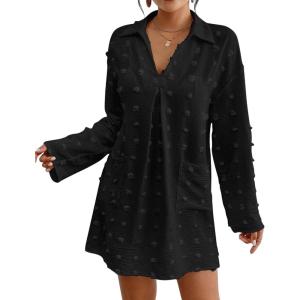 imageWomen Swimsuit Coverups V Neck Swiss Dot Beach Cover Ups Shirt Dress Summer Vacation Outfits with PocketBlack