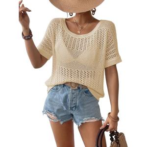 imageBsubseach Crochet Tops for Women Short Sleeve Cover Ups for Swimwear Women Knit Hollow Out Sweater Mesh Top 2025Apricot