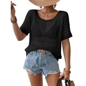 imageBsubseach Crochet Tops for Women Short Sleeve Cover Ups for Swimwear Women Knit Hollow Out Sweater Mesh Top 2025Black