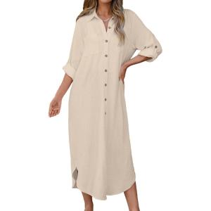imageBsubseach Swimsuit Coverup for Women 2025 Casual Dresses Button Down Beach Dress Long Kimonos Cardigans with PocketsApricot