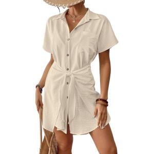 imageBsubseach Womens Swimsuit Coverup Short Sleeve Button Down Tie Beach Shirt Dresses Summer Bathing Suit Cover Up SwimwearApricot