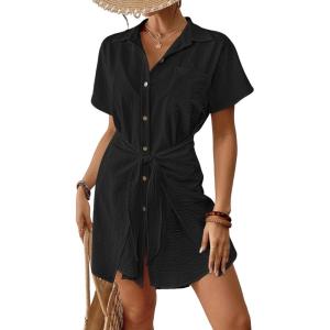imageBsubseach Womens Swimsuit Coverup Short Sleeve Button Down Tie Beach Shirt Dresses Summer Bathing Suit Cover Up SwimwearBlack