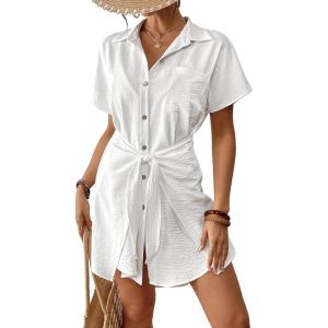 imageBsubseach Womens Swimsuit Coverup Short Sleeve Button Down Tie Beach Shirt Dresses Summer Bathing Suit Cover Up SwimwearWhite