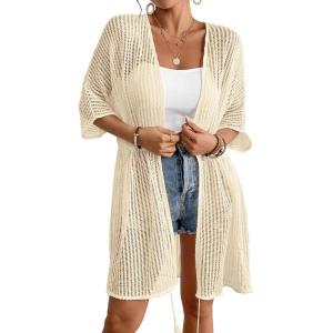 imageBsubseach Crochet Kimonos for Women Mesh Sexy Bathing Suit Cover Ups Open Front Beach Summer OutwearBeige