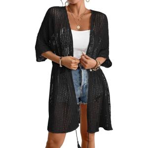 imageBsubseach Crochet Kimonos for Women Mesh Sexy Bathing Suit Cover Ups Open Front Beach Summer OutwearBlack