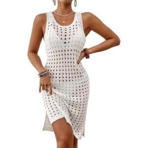 imageBsubseach Swimsuit Coverup for Women Crochet Bathing Suit Cover Up for Swimwear Knit Sleeveless Beach Tank Dress 2025White
