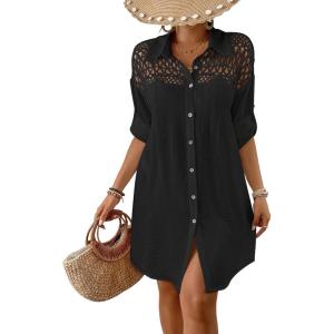 imageBsubseach Womens Swimsuit Cover Up Long Sleeve Button Down Beach Shirt Summer Crochet Splicing Bathing Suit SwimwearBlack