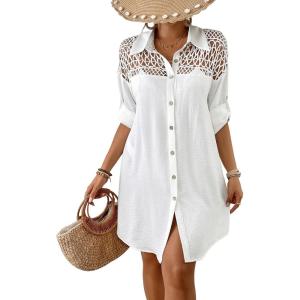 imageBsubseach Womens Swimsuit Cover Up Long Sleeve Button Down Beach Shirt Summer Crochet Splicing Bathing Suit SwimwearWhite