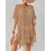 imageBsubseach Crochet Coverups for Women Tassel Hollow Out Slit Swimsuit Coverup Bathing Suit Cover Up Beach DressCamel