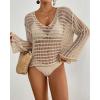 imageBsubseach Crochet Tops for Women Long Sleeve Beach Swimsuit Coverup Mesh Knit Crop Top Bathing Suit Cover UpApricot