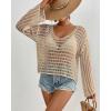 imageBsubseach Crochet Tops for Women Long Sleeve Beach Swimsuit Coverup Mesh Knit Crop Top Bathing Suit Cover UpApricot
