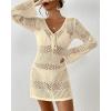 imageBsubseach Women Swimsuit Crochet Coverup Long Sleeve V Neck Beach Knit Bathing Suits Cover Ups Mesh Bikini Hollow Out DressApricot