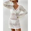 imageBsubseach Women Swimsuit Crochet Coverup Long Sleeve V Neck Beach Knit Bathing Suits Cover Ups Mesh Bikini Hollow Out DressWhite