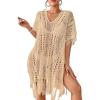imageBsubseach Crochet Coverups for Women Tassel Hollow Out Slit Swimsuit Coverup Bathing Suit Cover Up Beach DressApricot