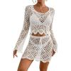 imageBsubseach Crochet Coverups for Women Two Piece Swimsuit Cover Up Hollow Out Knit Skirt Set Beach Outfits with DrawstringWhite Cream