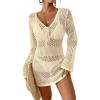 imageBsubseach Women Swimsuit Crochet Coverup Long Sleeve V Neck Beach Knit Bathing Suits Cover Ups Mesh Bikini Hollow Out DressApricot