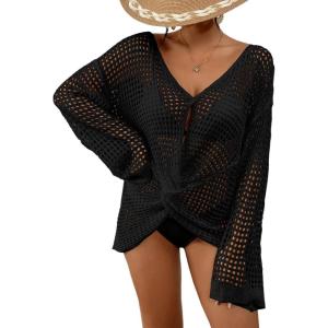 imageBsubseach Beach Cover Up Sexy Hollow Out Crochet Cover Up Lantern Sleeve Knitted Beach Outfits Bathing Suit Cover UpBlack
