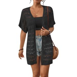 imageBsubseach Crochet Bathing Suit Cover Up for Women Boho Kimono Casual Swimsuit Cover Ups Knitted Mesh Open Front OutwearBlack