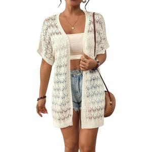 imageBsubseach Crochet Bathing Suit Cover Up for Women Boho Kimono Casual Swimsuit Cover Ups Knitted Mesh Open Front OutwearWhite