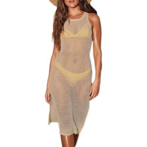 imageBsubseach Crochet Cover Up for Swimwear Women Sleeveless Knit 2025 Summer Swimsuit Coverup Bikini Beach Dress Side SlitFapricot