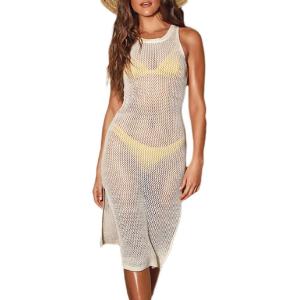 imageBsubseach Crochet Cover Up for Swimwear Women Sleeveless Knit 2025 Summer Swimsuit Coverup Bikini Beach Dress Side SlitFbeige