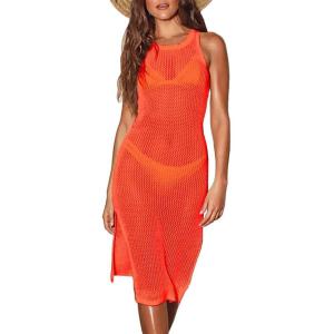 imageBsubseach Crochet Cover Up for Swimwear Women Sleeveless Knit 2025 Summer Swimsuit Coverup Bikini Beach Dress Side SlitForange